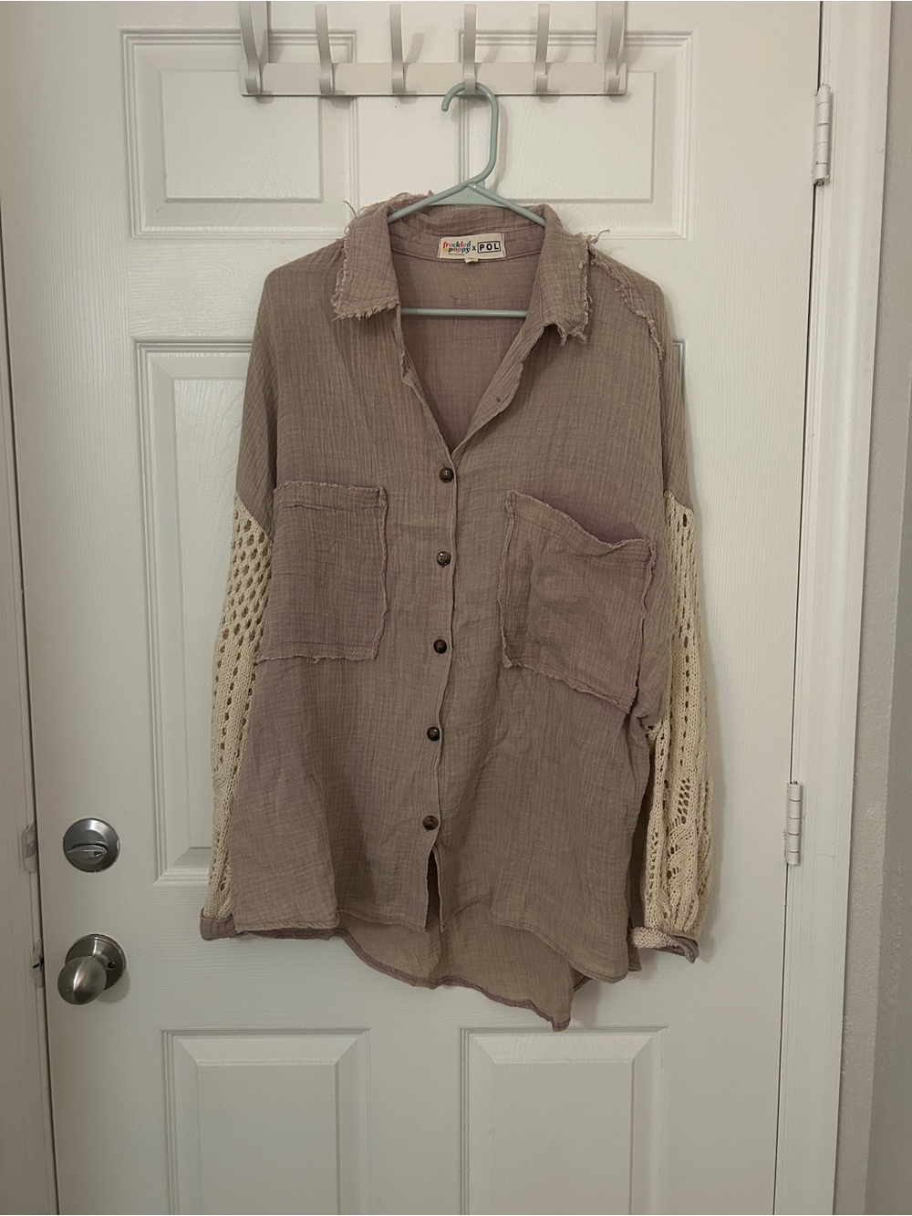 POL Taupe Gauze Button-Down with Cream Crochet Sleeves